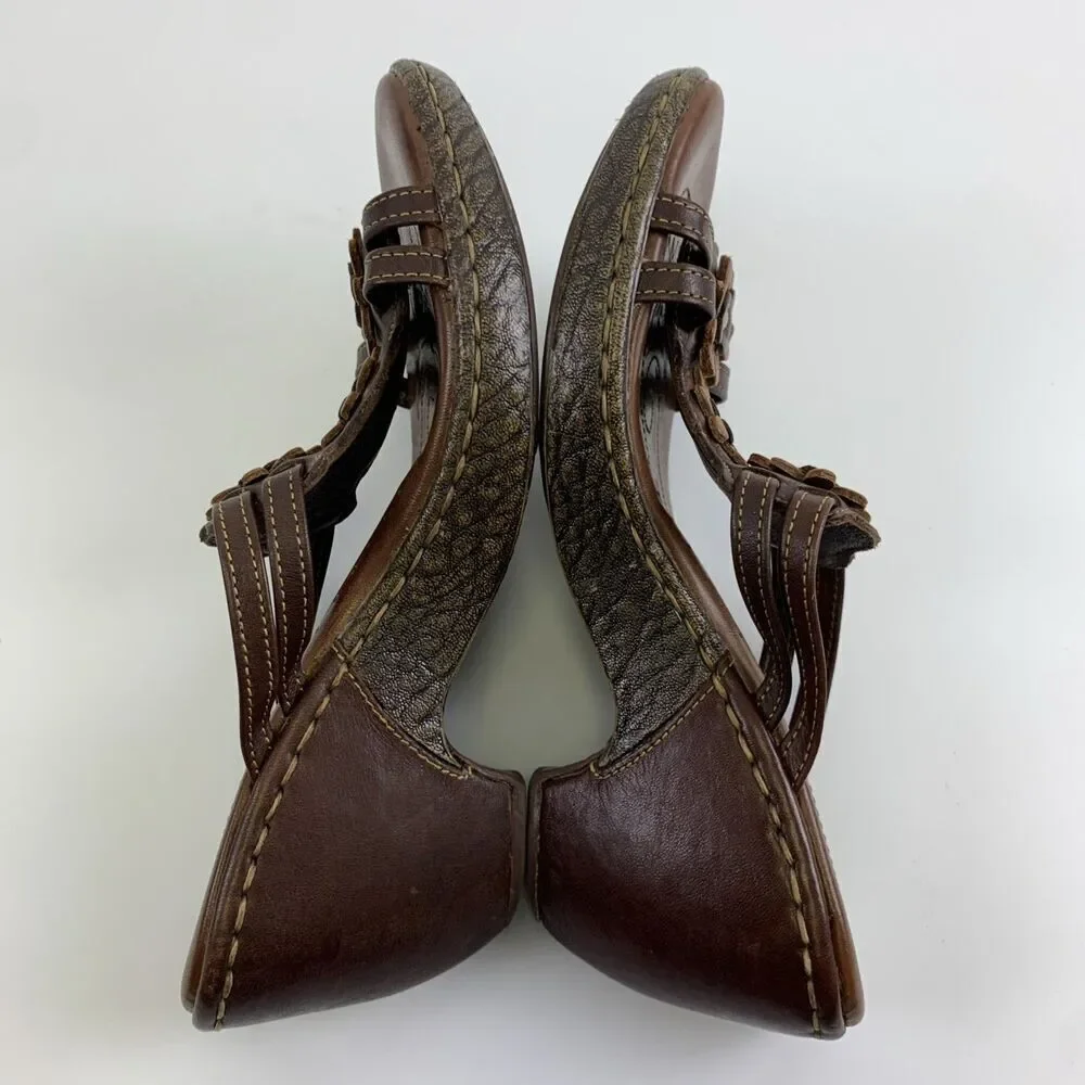 Born Brown Leather Floral Cut Out Slide Wedge Sandal Studded Heel Womens 7
